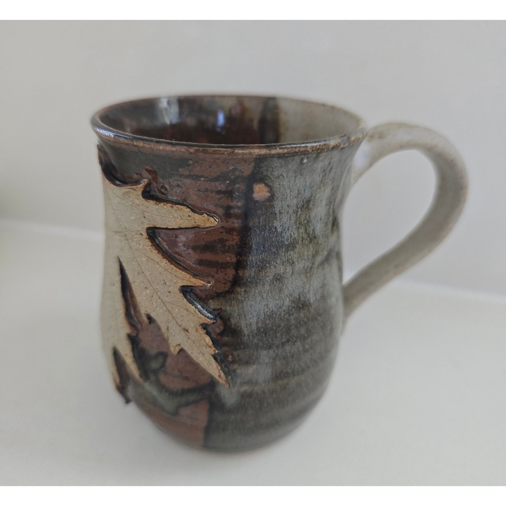 Handmade Studio Pottery Maple Leaf Relief Mug Salt Glaze Stoneware Brown 8oz